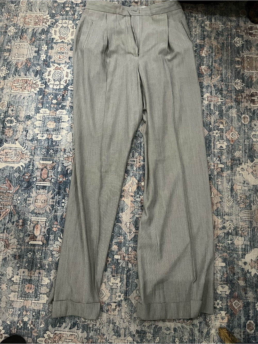 Donna Karan Light Gray Pinstripe Pleated Dress Pants
